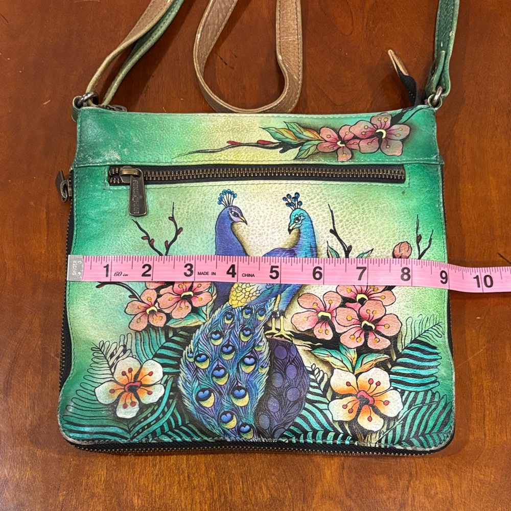 Anuschka Green Adjustable Crossbody Bag with Peacock and Floral‎ Art - Picture 12 of 16